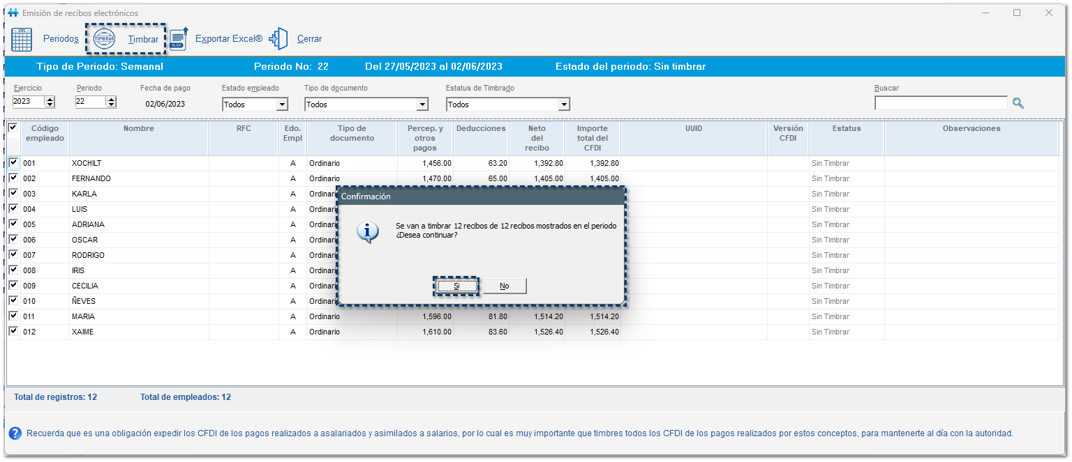 cantidad de sobre-recibos que se timbrarán en el periodo