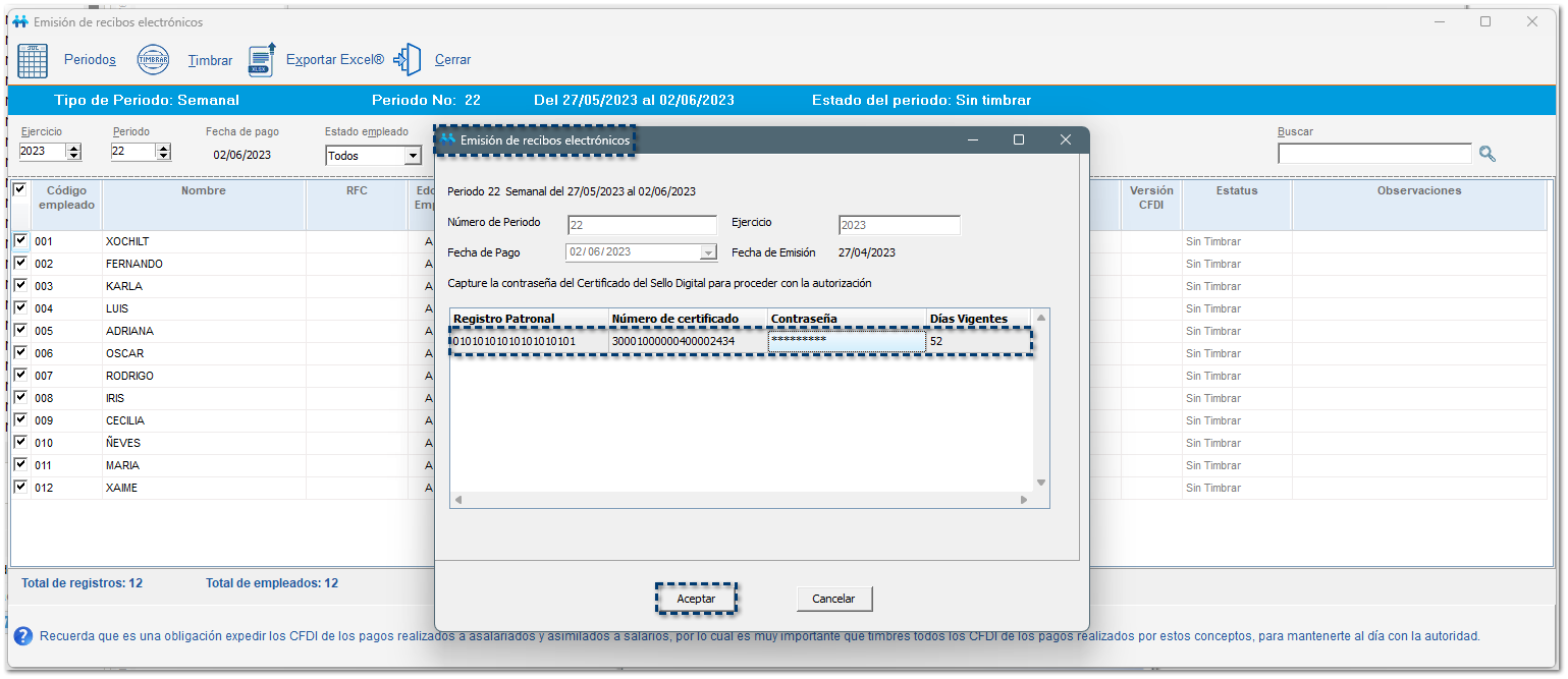 ventana Emisión de recibos electrónicos
