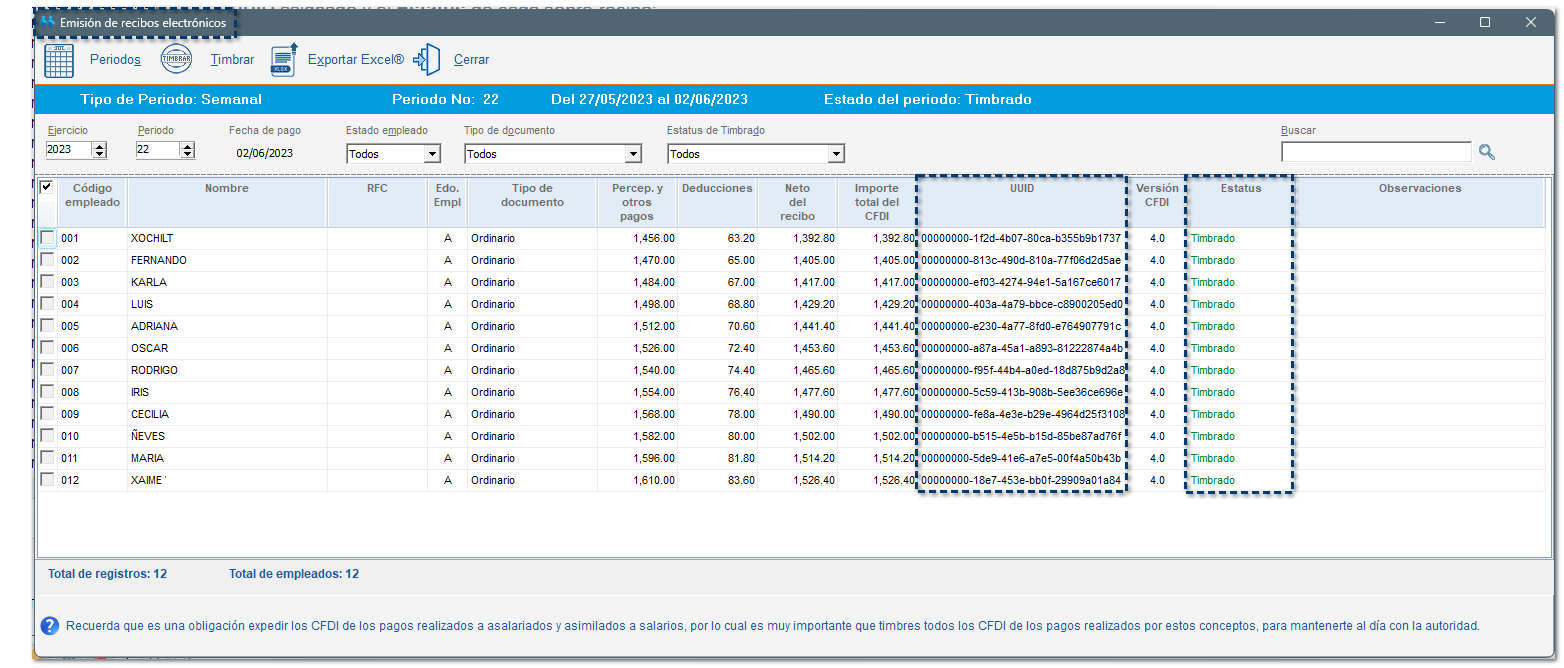listado de sobre-recibos ya se muestra el UUID asignado y el Estatus de cada sobre-recibo