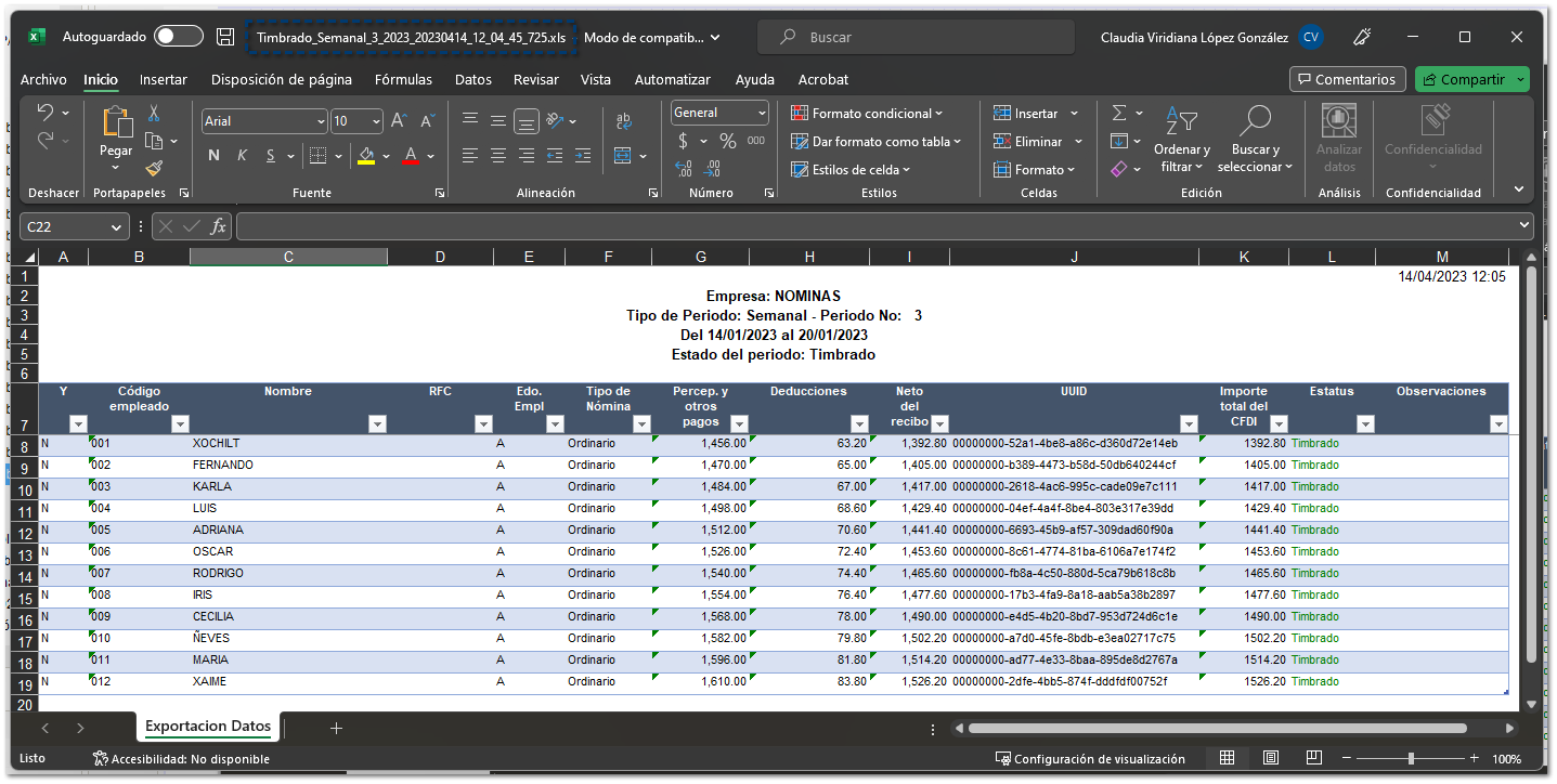 vista del módulo Emisión de recibos electrónicos a un documento Excel