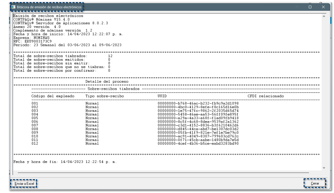 Visualizarás la Bitácora de emisión de recibos electrónicos