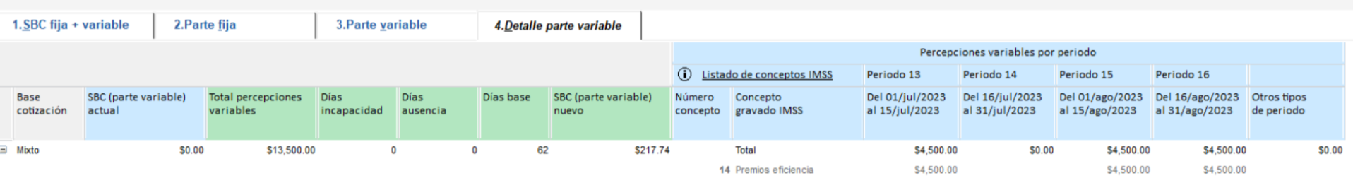 SBC parte variable = Total de percepciones / Días del bimestre