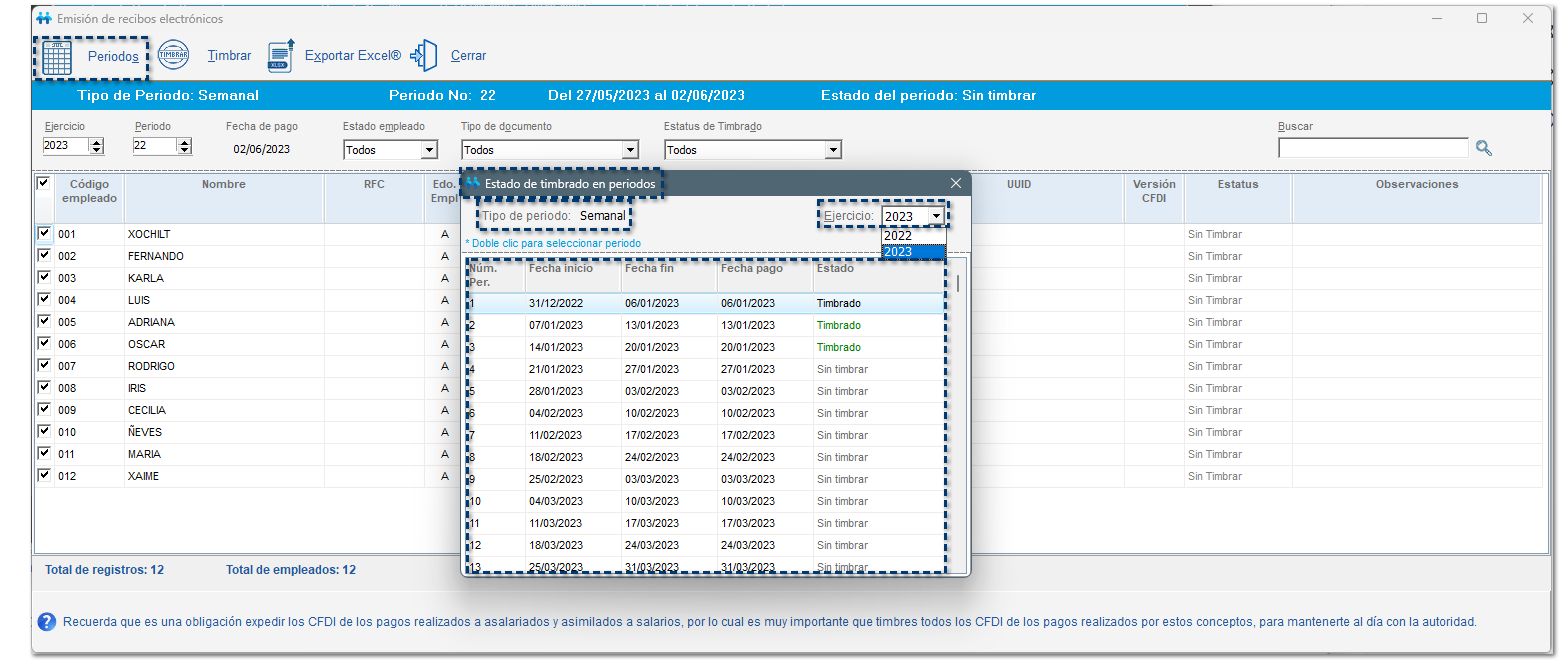 Estado de timbrado en periodos: