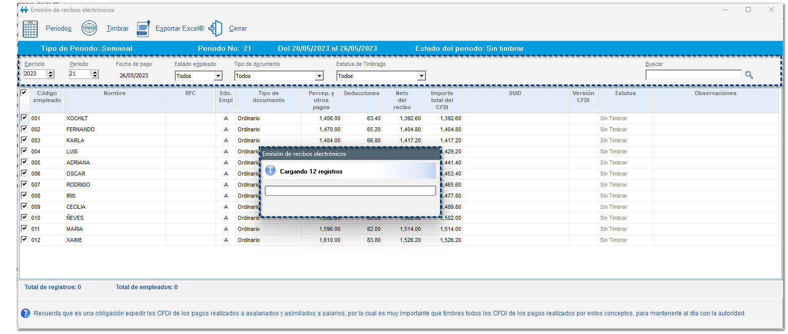 cantidad de registros a mostrar según el periodo a timbrar